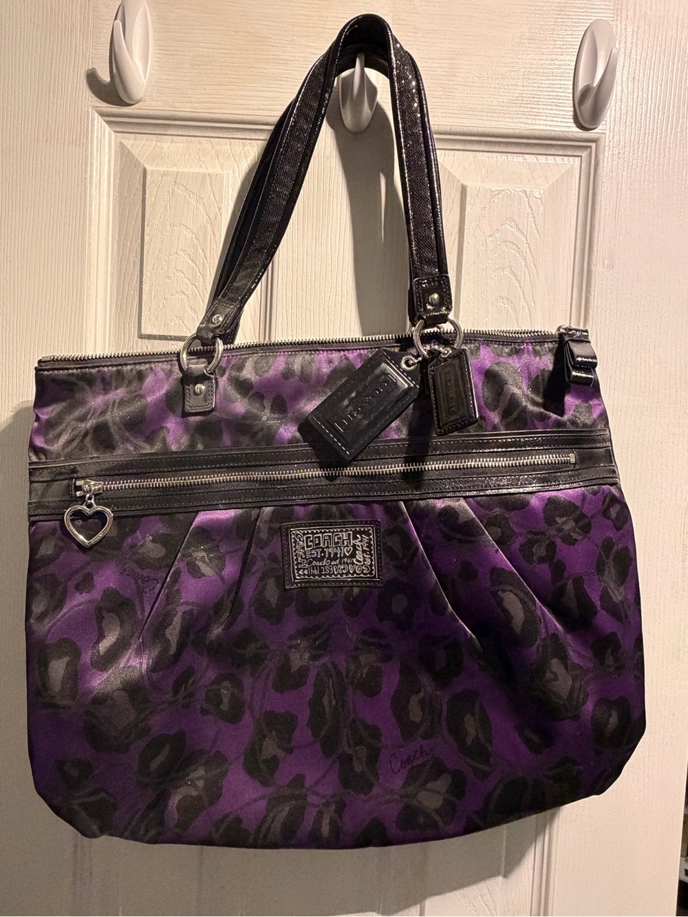 Coach Purple and Black Leopard-Print Tote with Heart Charm